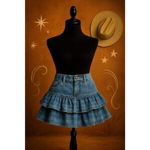 American Eagle Ruffled Plaid Denim Mini Skirt 8 Y2K Fall Cowgirl Western Concert
